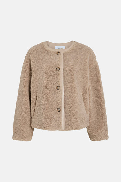 Manteau court beige de VILA® avec des manches longues et une douce texture veloutée, vu de derrière.