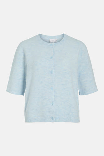 Gilet bleu de VILA, à manches courtes et fermeture boutonnée, sur fond blanc.
