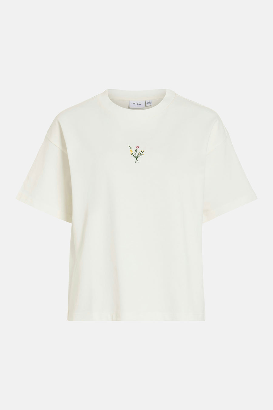 T-shirt blanc de VILA, avec un bouquet de fleurs brodé sur la poitrine.