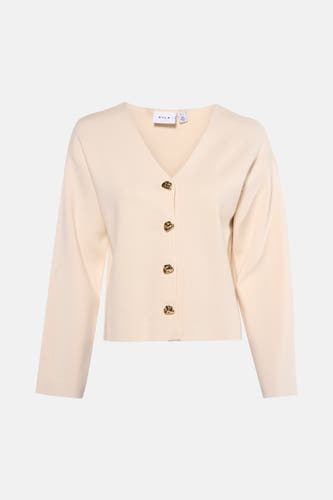 Gilet écru de VILA, vu de dos, avec des manches longues et une texture unie et tricotée.