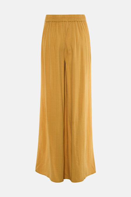 Gele broek van VILA®, met een elastische tailleband en een subtiel gestreept patroon.