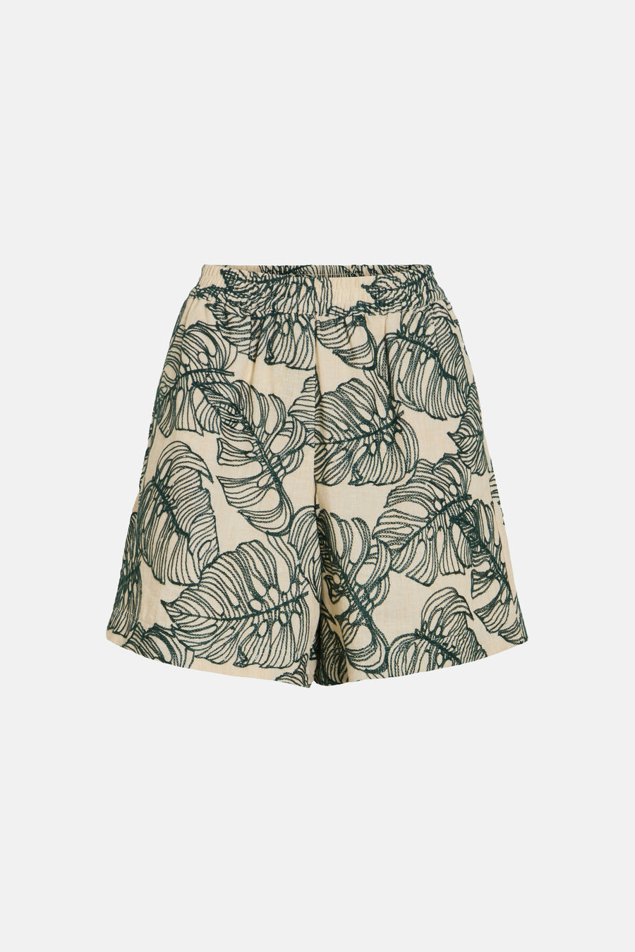 Shorts de couleur crème avec imprimé feuilles vertes de VILA® et taille élastique, photographiés à plat.