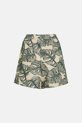 Short VILA® à imprimé feuilles vert foncé sur fond crème et taille élastique.