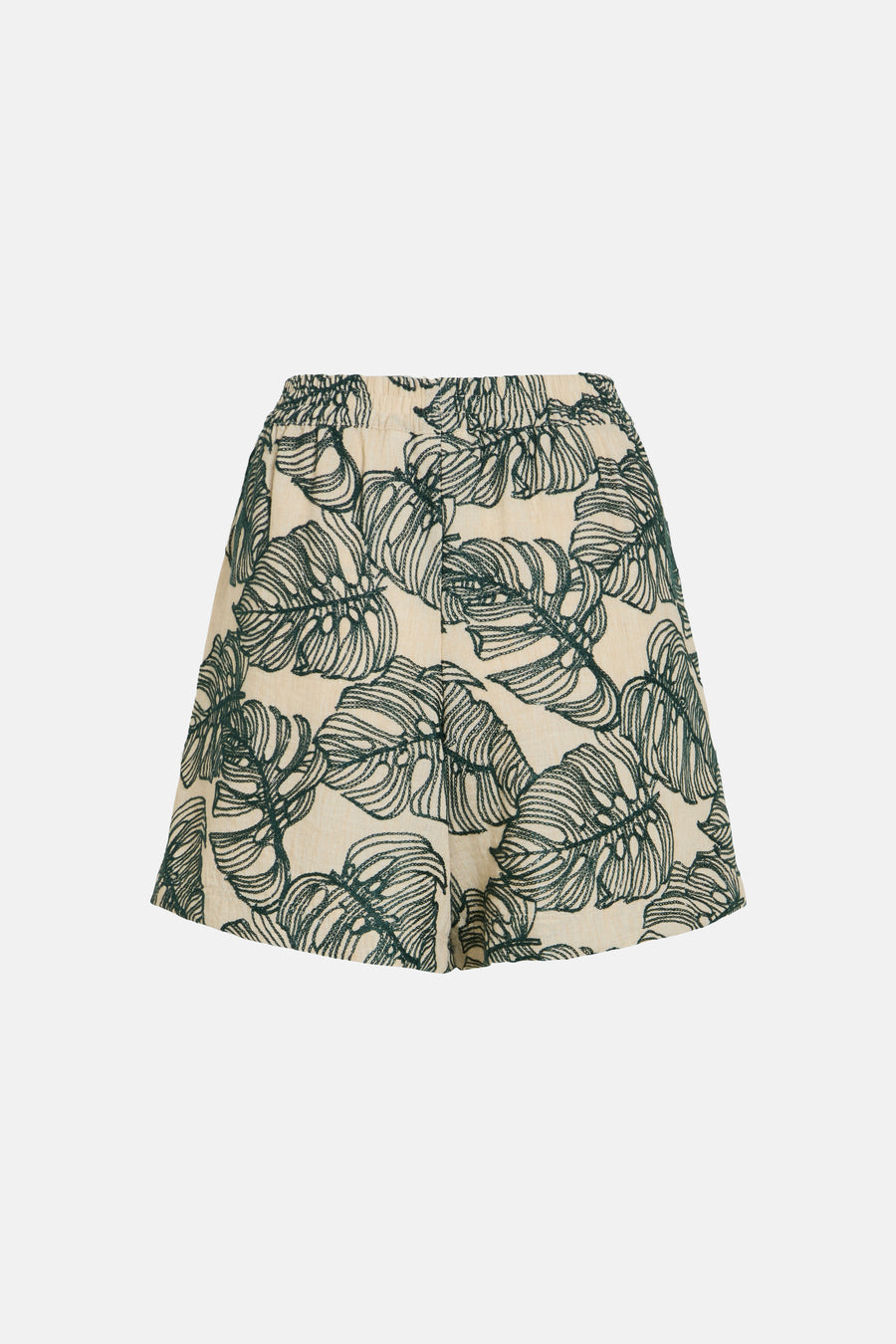 Short VILA® à imprimé feuilles vert foncé sur fond crème et taille élastique.