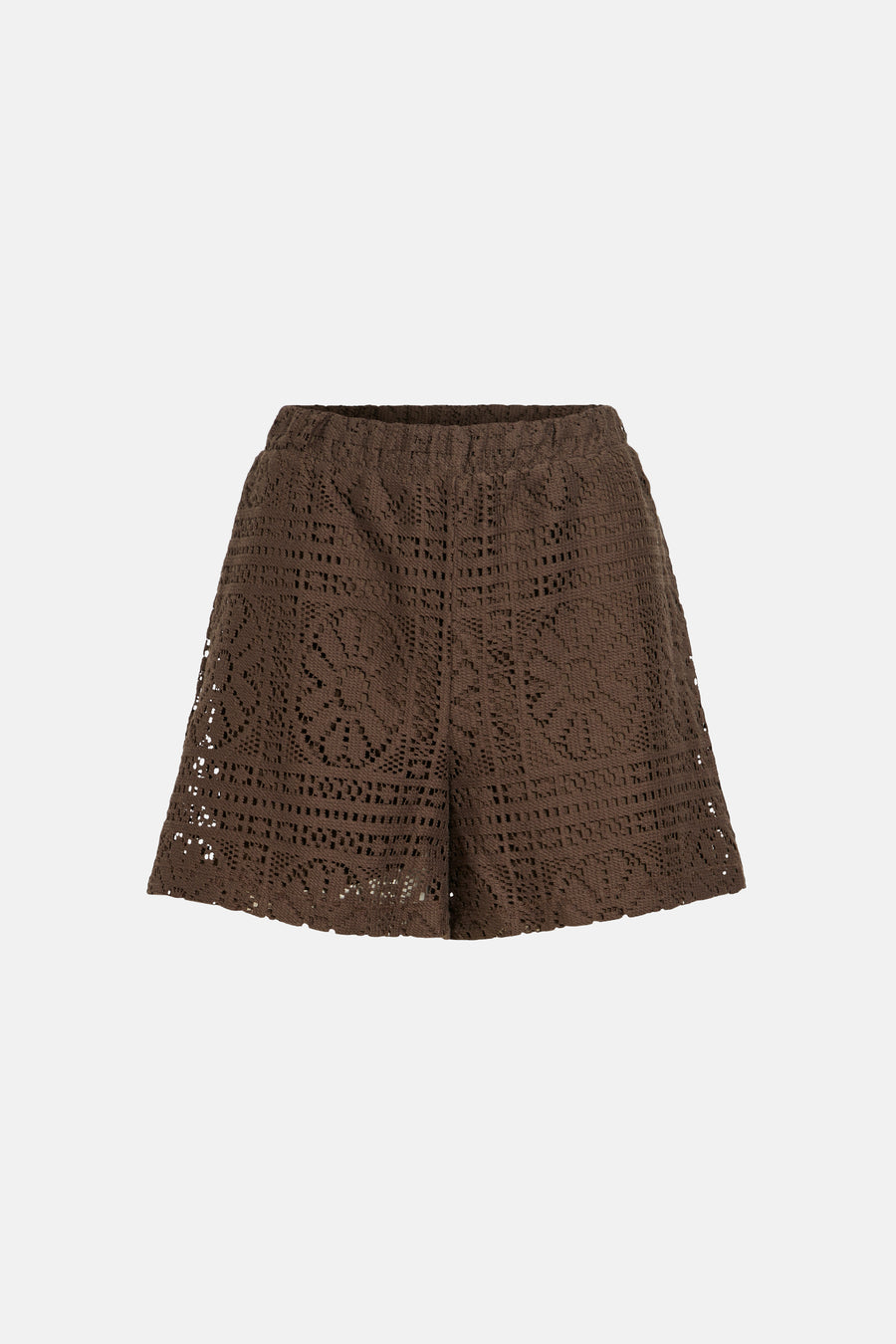 Short marron de VILA® avec motif ajouré au crochet et taille élastique, posé à plat.