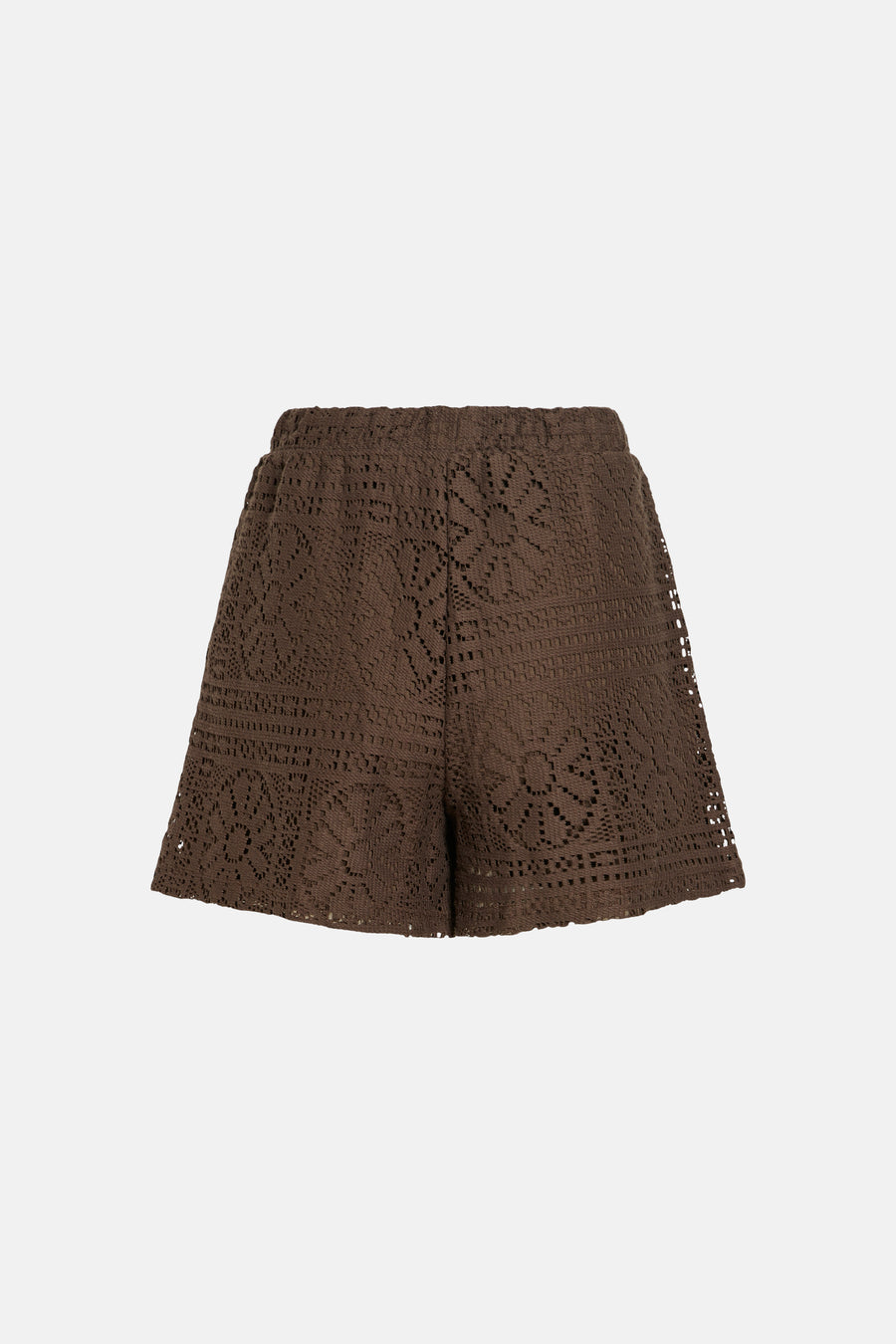 Short marron de VILA® avec un motif ajouré détaillé, photographié à plat.