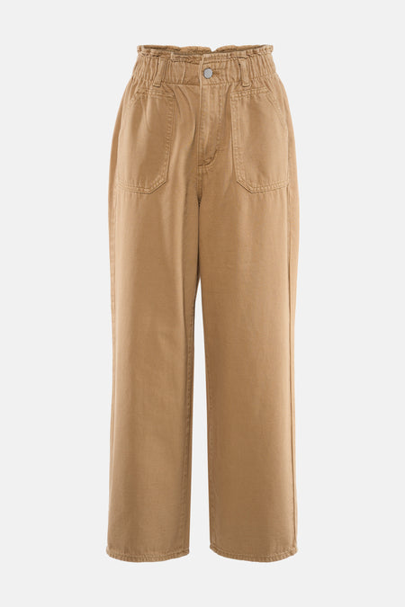 Pantalon marron de VILA® avec taille haute élastique, poches plaquées à l'avant et jambes larges.