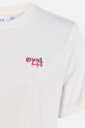 T-shirt blanc à manches courtes de VILA® avec inscription brodée "good habits" sur la poitrine.