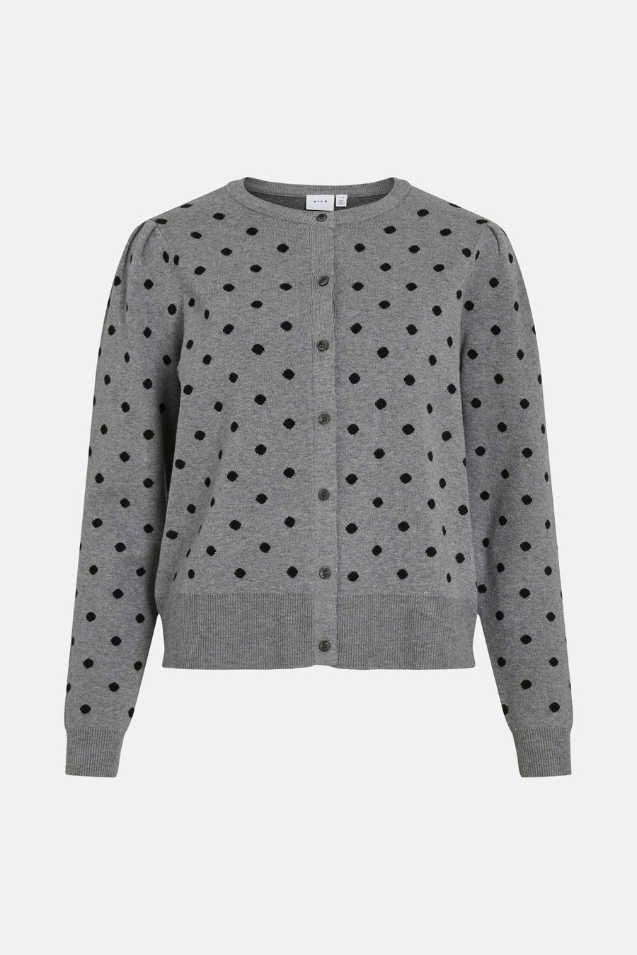 Grijze cardigan met zwarte stippen.