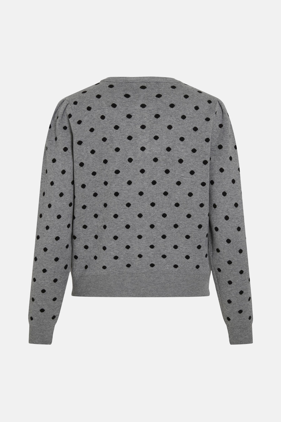 Grijs damesvest met zwarte stippen.