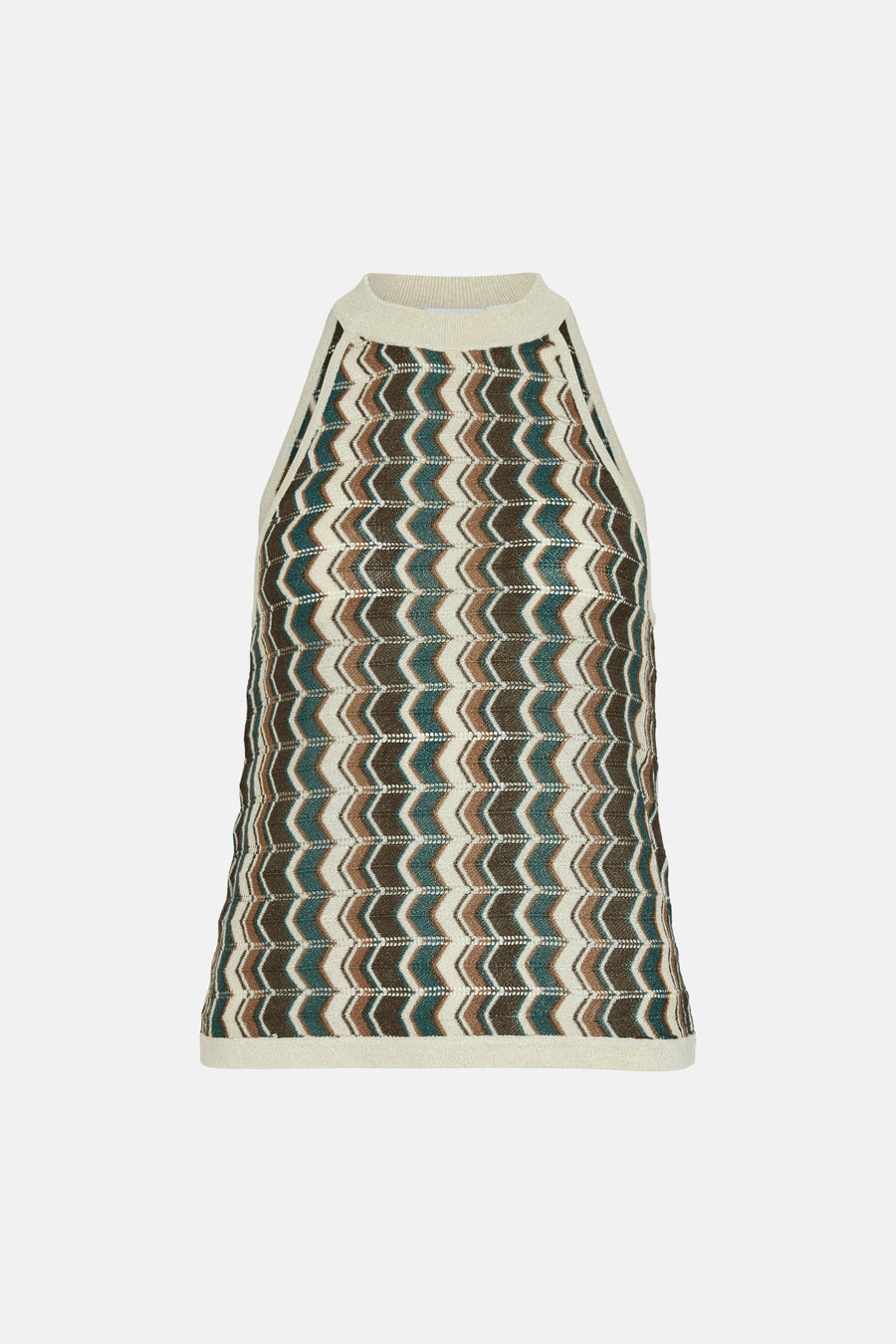 Débardeur marron de VILA, avec un motif zigzag en marron, beige et vert.