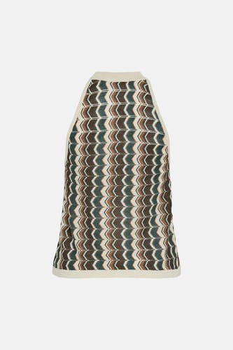 Débardeur marron de VILA, avec un motif en zigzag marron, vert et beige.