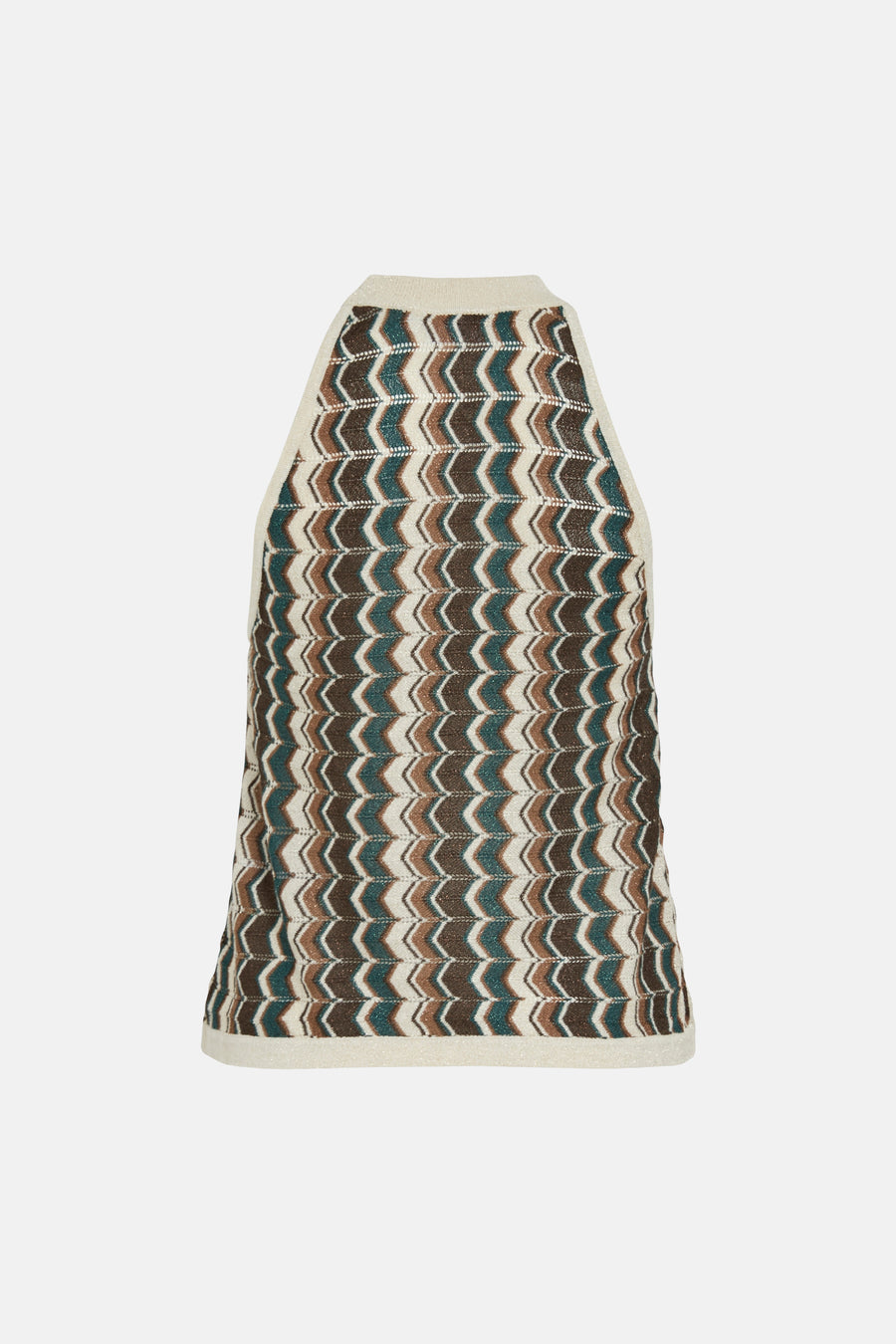 Débardeur marron de VILA, avec un motif en zigzag marron, vert et beige.