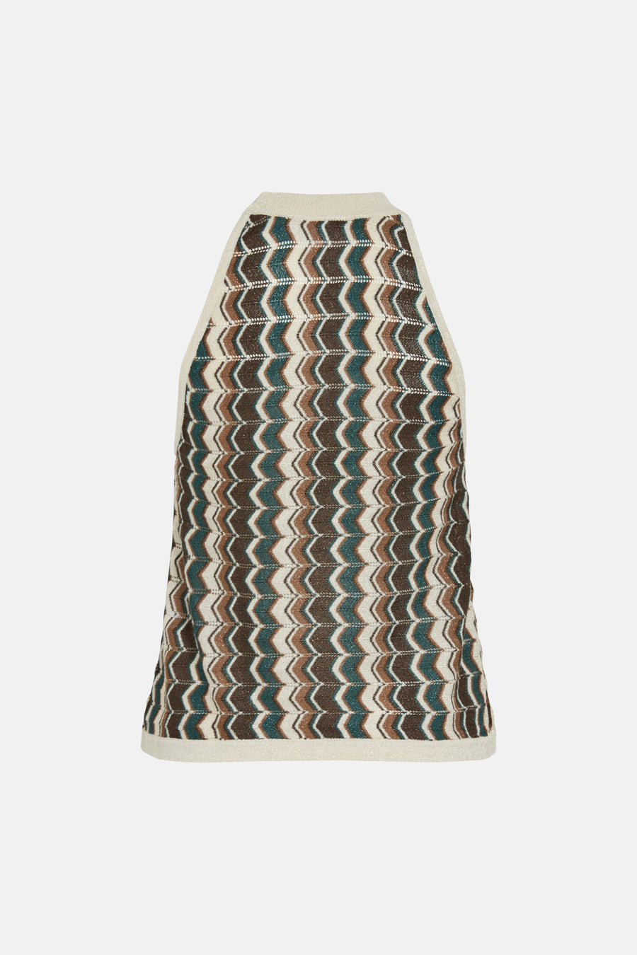 Débardeur marron de Vila, avec un motif zigzag en marron, beige et vert.
