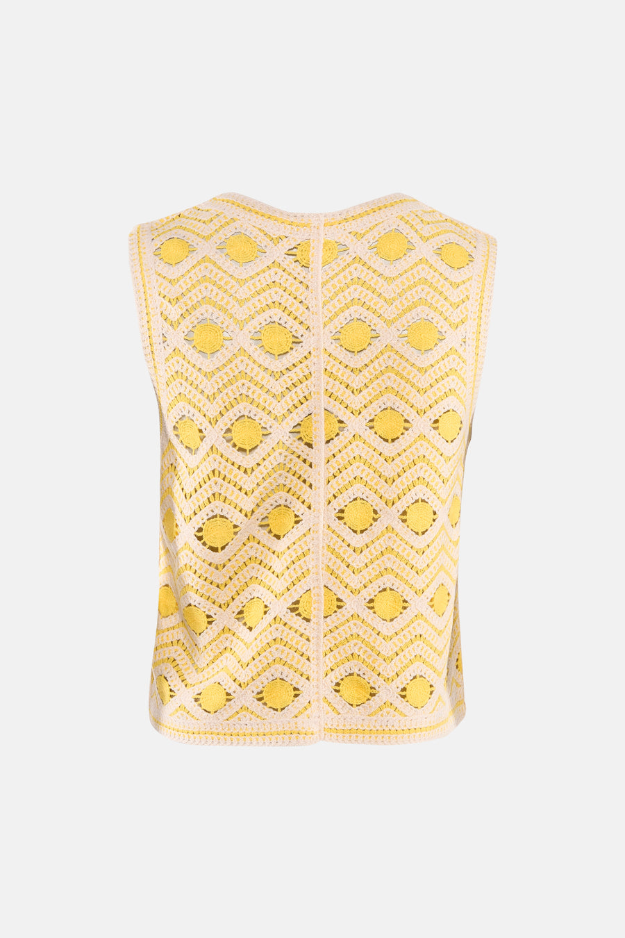 Gele gebreide gilet met witte geometrische patronen van VILA®, achterkant weergegeven, lichte textuur, openwork design