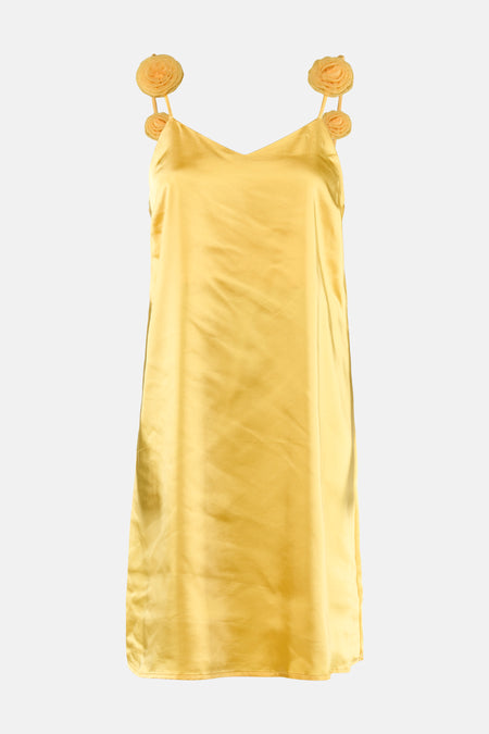Robe courte en satin jaune de VILA® avec col en V et bretelles ornées de roses jaunes.