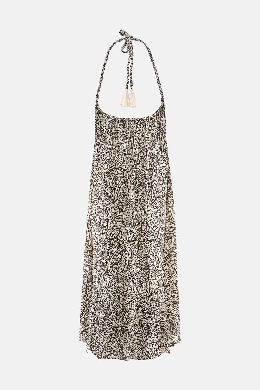 Robe licou à imprimé cachemire de VILA en couleur crème et marron foncé, avec des pompons au niveau du nœud de cou.