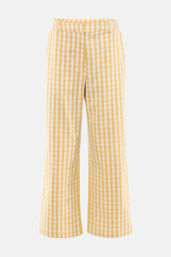 Pantalon jaune de VILA® avec motif à carreaux vichy blanc, jambes larges et passants de ceinture.