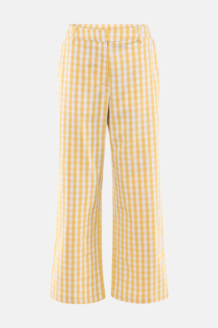 Pantalon jaune de VILA® à motif à carreaux vichy blanc, jambes larges, passants de ceinture et fermeture à boutons, posé à plat.