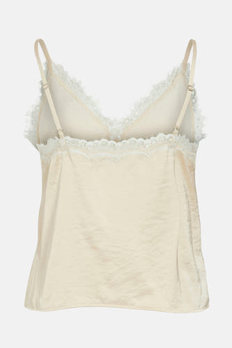 Blouse écru sans manches de VILA avec des détails sur les bords le la ligne du cou, vue de derrière.