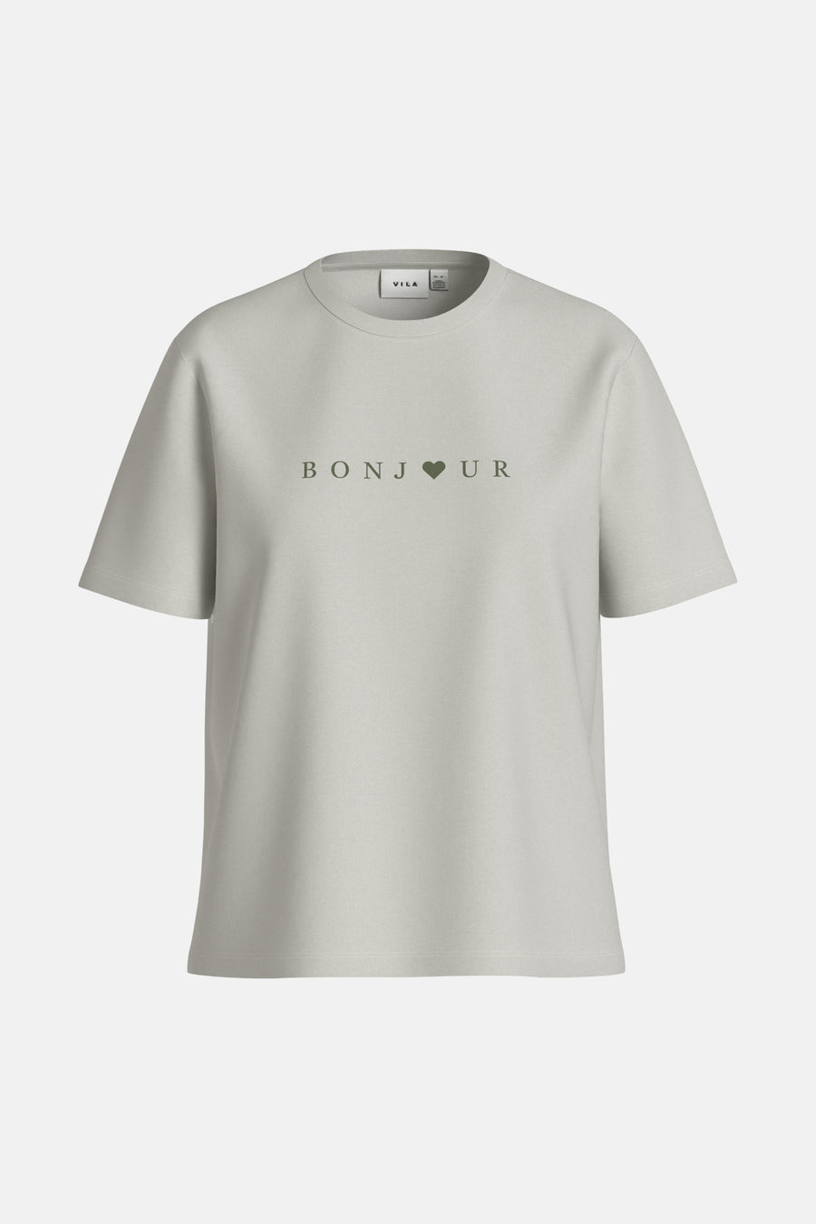 Wit T-shirt met korte mouwen van VILA, met donkergroene "BONJOUR"-print met een hartje in het midden.