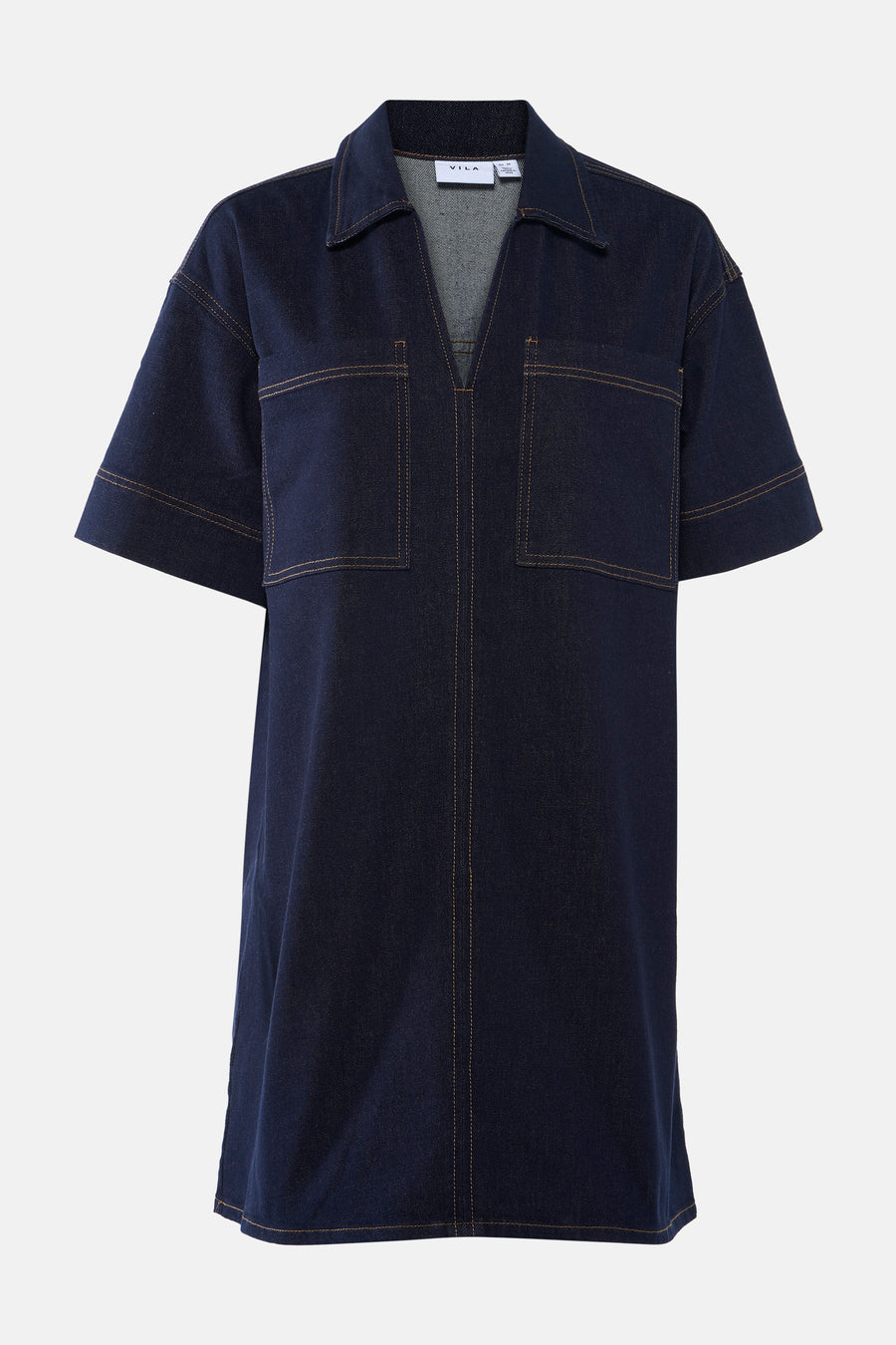 Jupe en denim bleu marine à manches courtes de VILA, avec des surpiqures brunes et un col V.