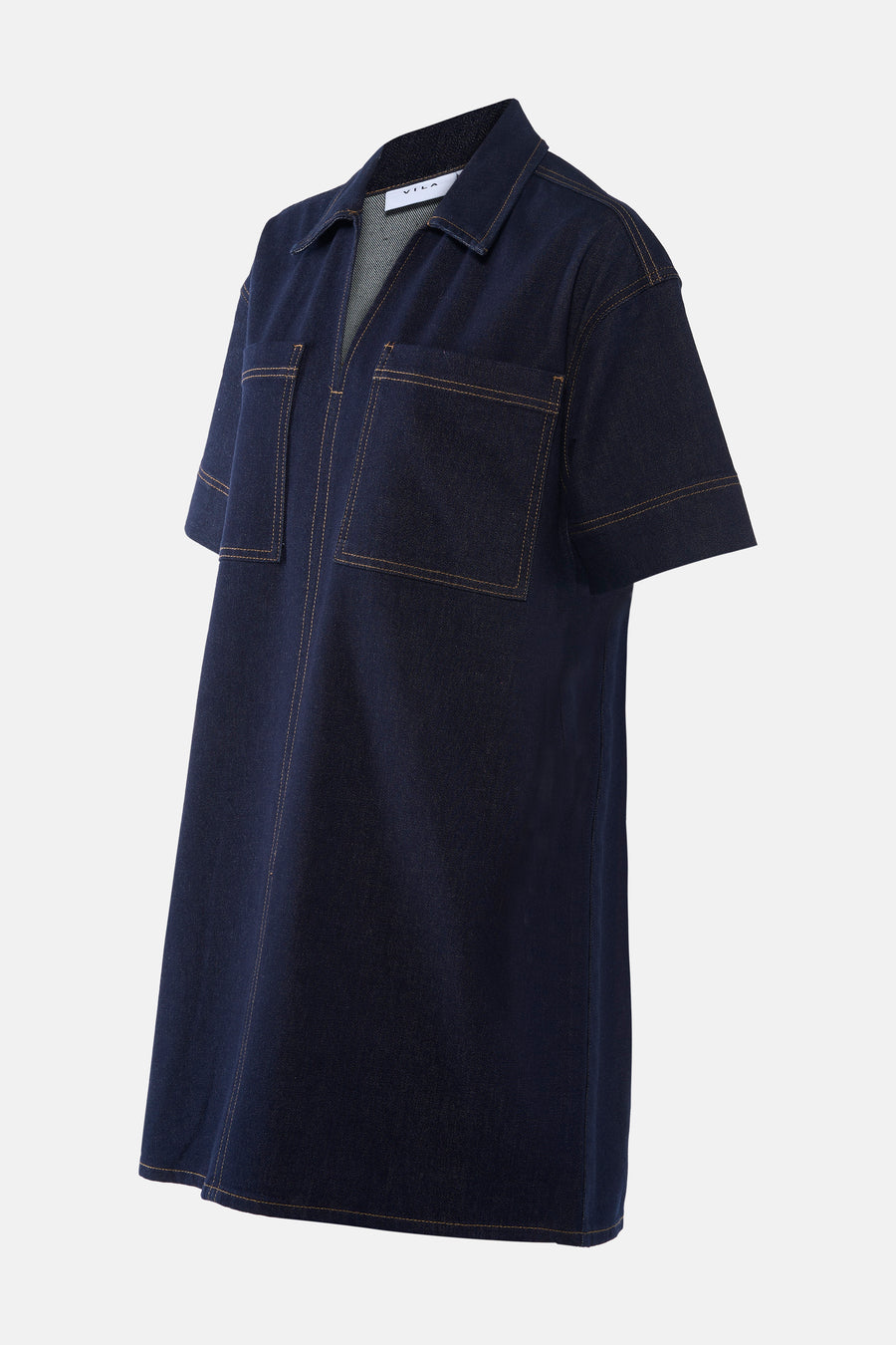 Jupe en denim bleu marine à manches courtes de VILA, avec des poches et des finitions légères.