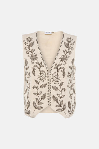 Gilet de couleur crème de VILA® avec broderie florale marron foncé et clous argentés le long du col en V.