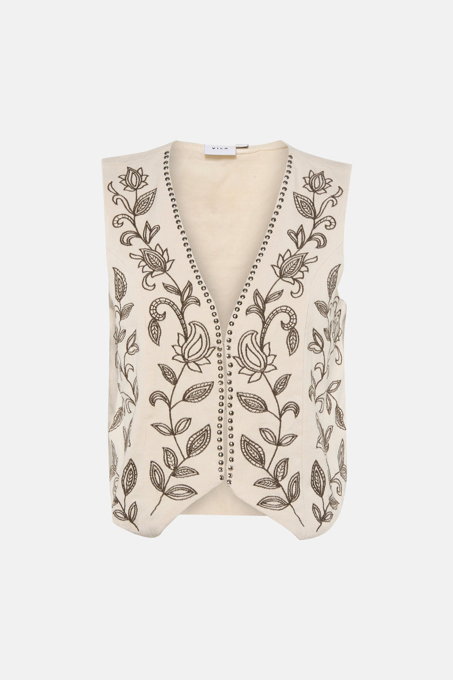 Gilet de couleur crème de VILA® avec broderie florale marron foncé et clous argentés le long du col en V.
