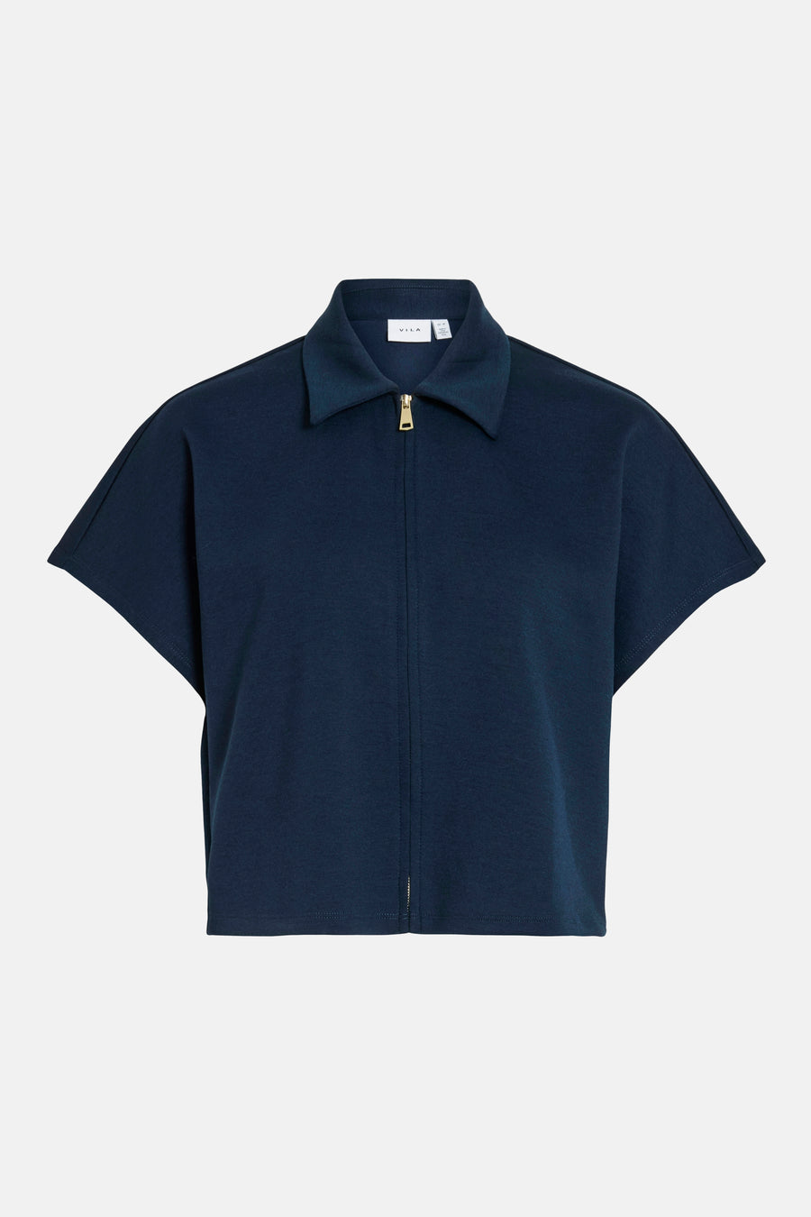 Pull bleu de VILA avec manches courtes et une fermeture éclair dorée.