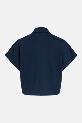 Pull bleu de VILA, vu de dos avec manches courtes et un col.