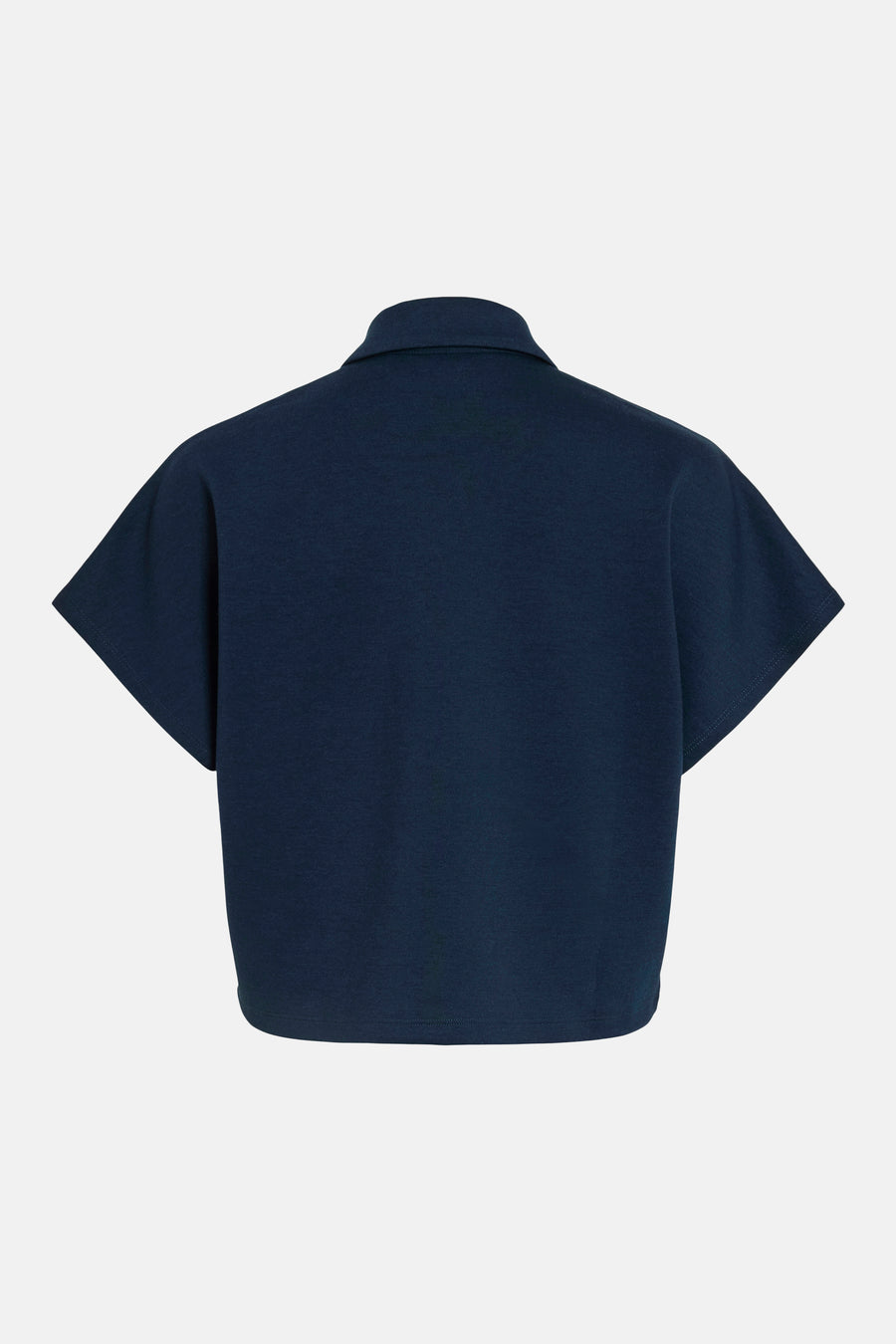 Pull bleu de VILA, vu de dos avec manches courtes et un col.
