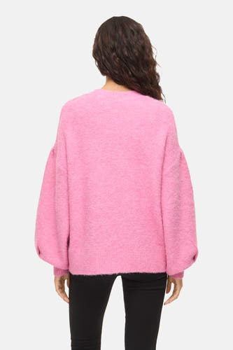 Pull rose à col rond de VILA®, à manches longues et à texture tricotée, vu de dos.