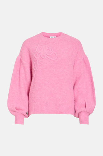 Pull rose à col rond de VILA, avec motif floral et manches longues bouffantes.
