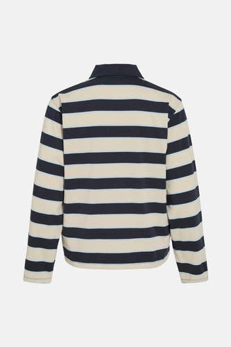 Blauwe sweater van VILA® met crèmekleurige strepen en lange mouwen, achterkant.
