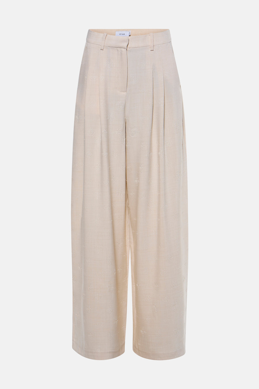 Pantalon beige de VILA® avec un motif floral subtil et des jambes larges, vu de dos.