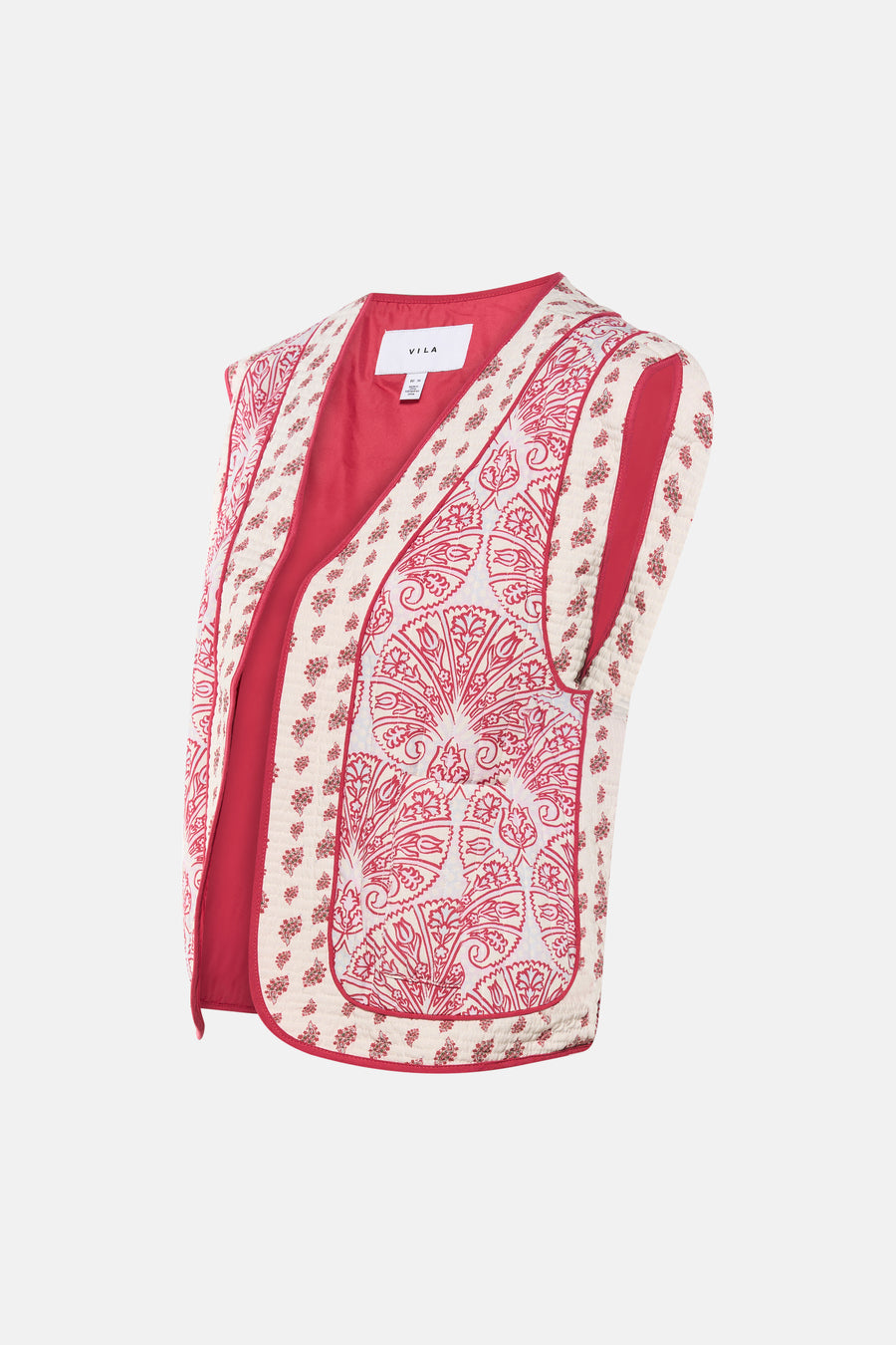 Gilet rose de Vila avec motif rouge et doublure rouge.