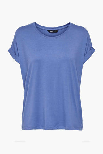 T-shirt bleu d'ONLY avec des manches courtes, relevées et une couleur unie.