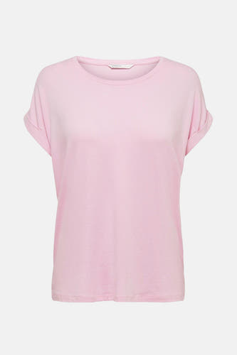 T-shirt rose à manches courtes d'ONLY, avec des manches retroussées sur un fond uni.