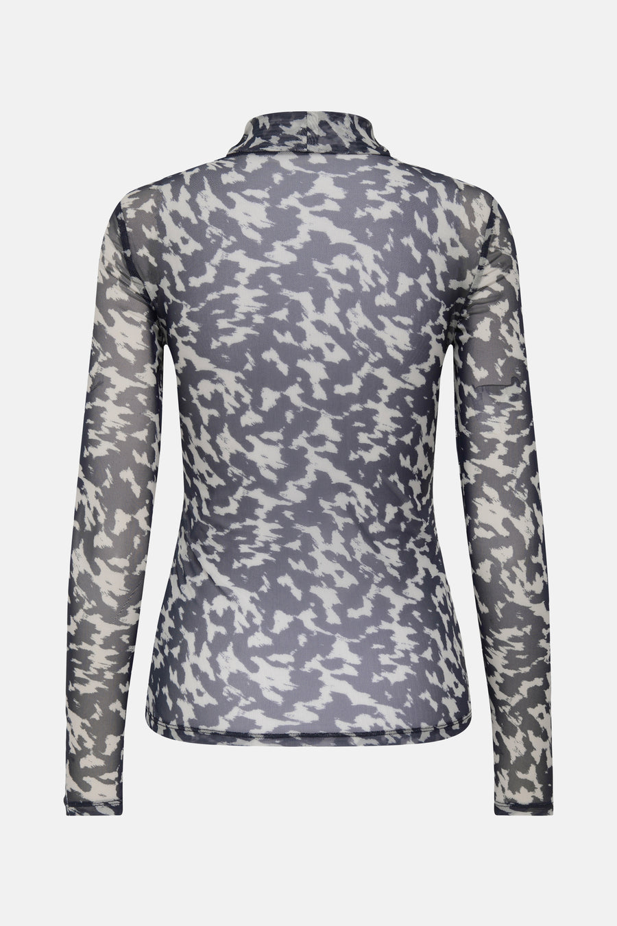 Achterkant van een doorzichtige top met lange mouwen en zwart-wit vlekkenpatroon.