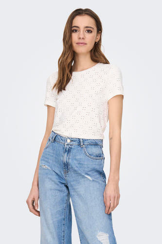 T-shirt blanc de JDY, avec des manches courtes et un motif de petits trous, vu de derrière.