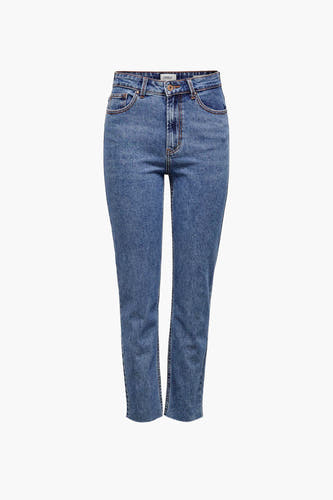 Jean mom bleu marine d'ONLY, avec une texture stonewashed et une jambe droite.