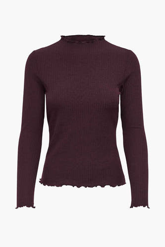 Gilet de couleur bordeaux avec col rond de ONLY, avec structure en côtes et bords ondulés au bas et au col.