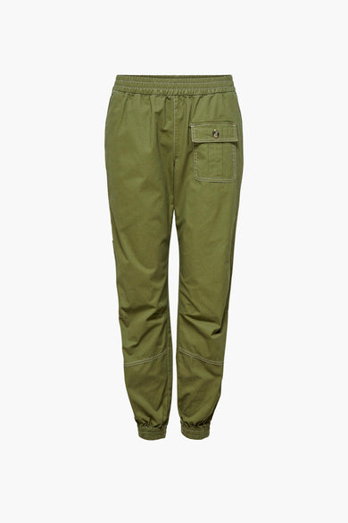 Pantalon vert de JDY, avec une ceinture élastique et une poche brodée.
