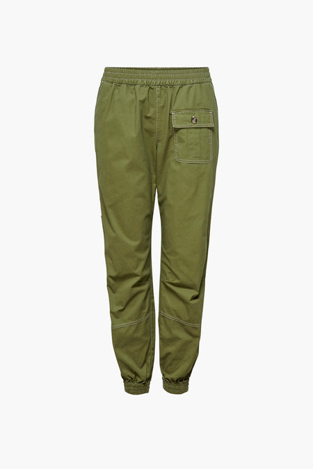 Pantalon vert de JDY, avec une ceinture élastique et une poche brodée.