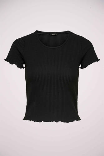 T-shirt noir de ONLY, avec des manches courtes et une texture rayée.