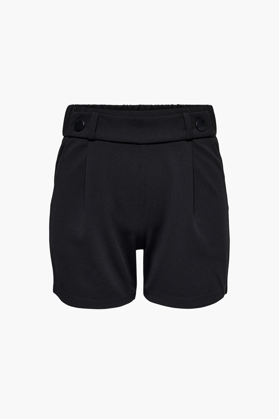Zwarte, stoffen shorts met elastische tailleband en knopen.