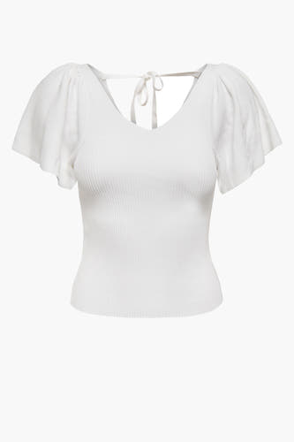 T-shirt blanc à manches courtes d'ONLY, avec un col en côtes et des manches à volants avec un détail de rayure sur le dos.
