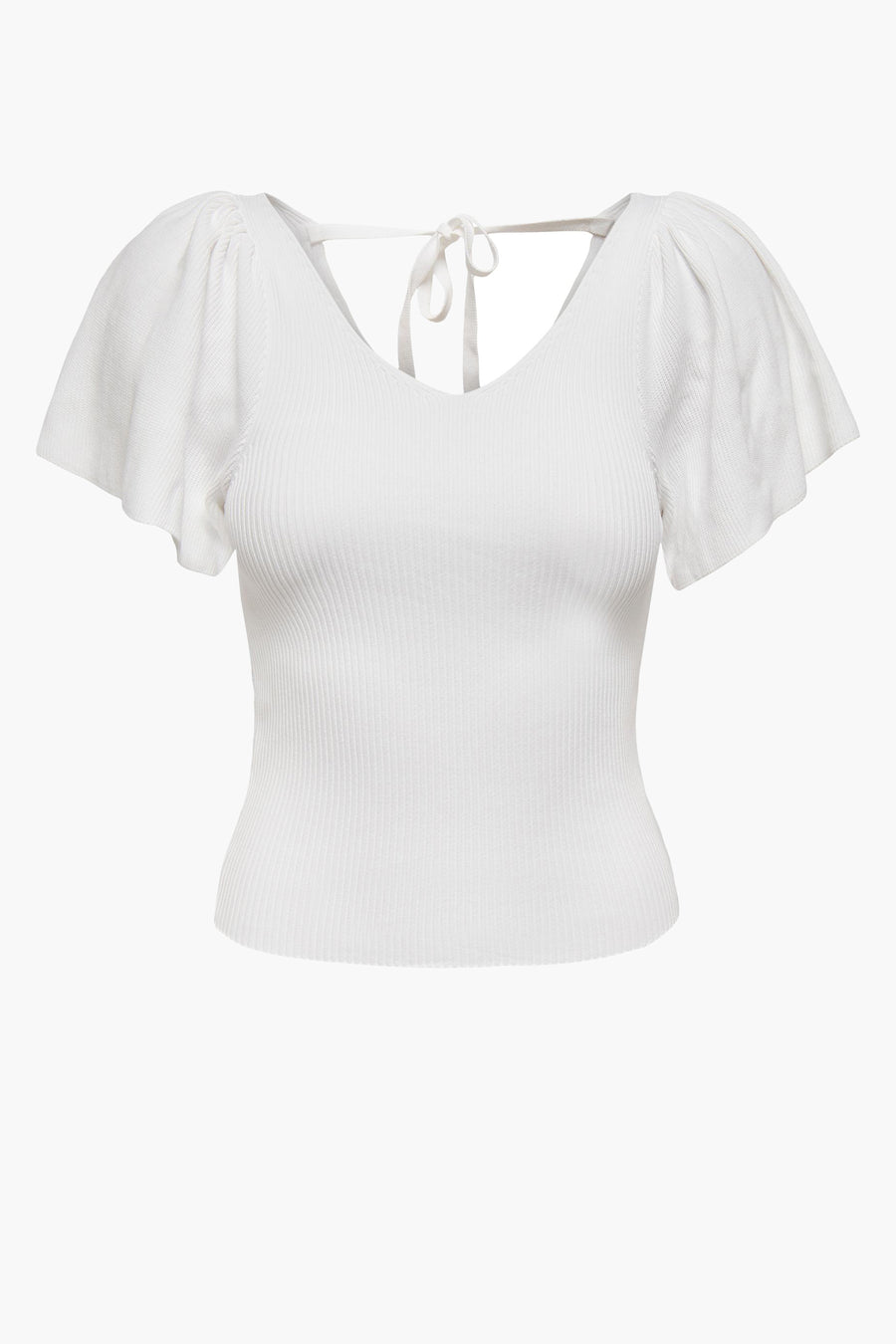 T-shirt blanc à manches courtes d'ONLY, avec un col en côtes et des manches à volants avec un détail de rayure sur le dos.