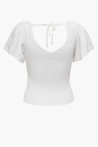 T-shirt blanc à manches courtes d'ONLY, avec une texture côtelée et un détail de bouton sur le dos.